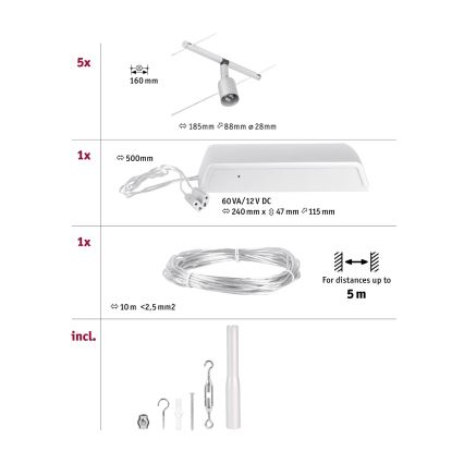 Paulmann 94442 - SET 5xGU5,3/10W Reflektor za kabelski sustav SALT 230V mat krom