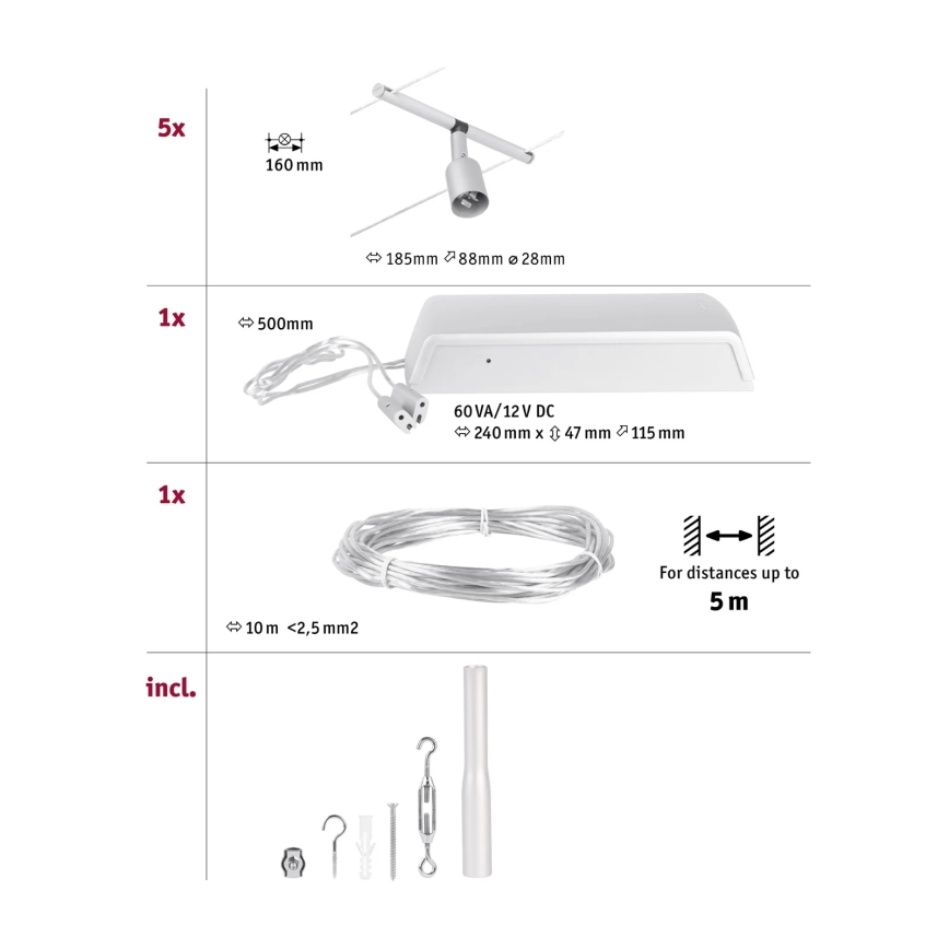 Paulmann 94442 - SET 5xGU5,3/10W Reflektor za kabelski sustav SALT 230V mat krom