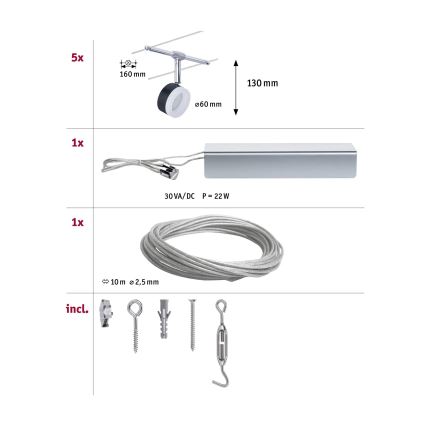 Paulmann 94457 - KOMPLET 5xLED/4W Kompletan sustav na sajli CLEAR 230V crna/sjajni krom