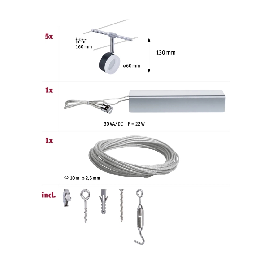 Paulmann 94457 - KOMPLET 5xLED/4W Kompletan sustav na sajli CLEAR 230V crna/sjajni krom