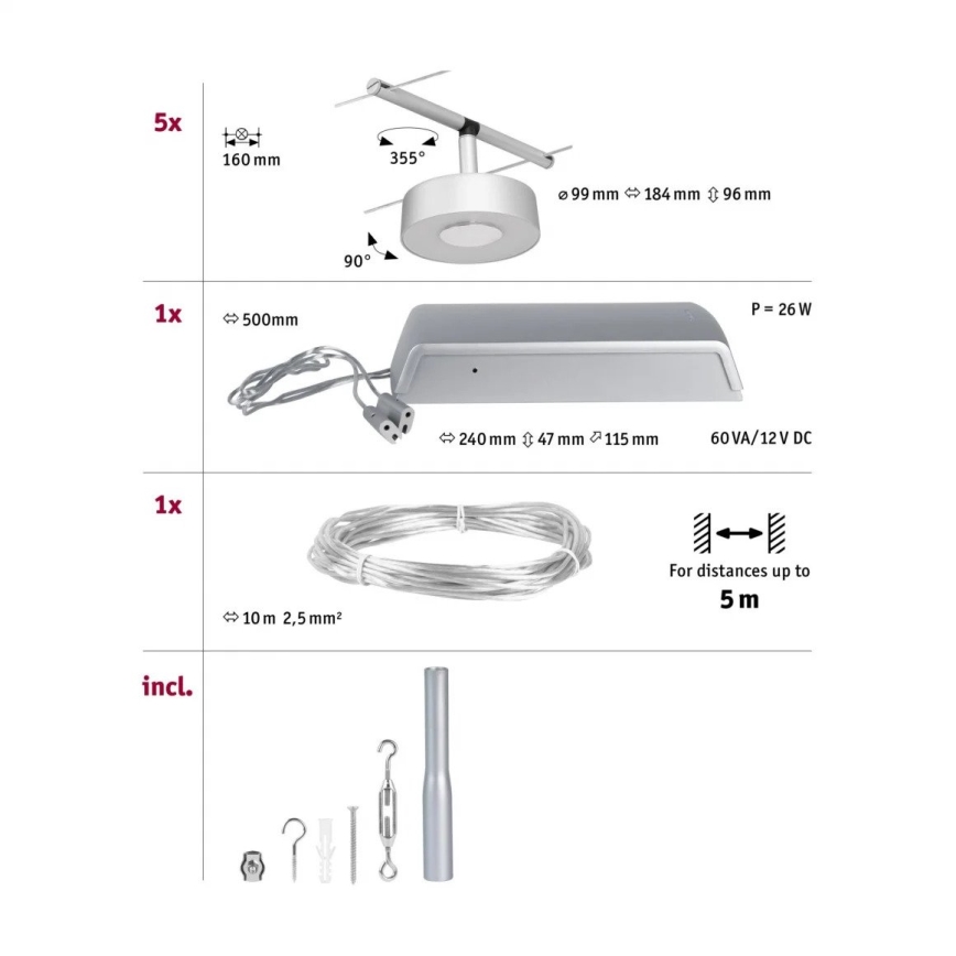 Paulmann 94475 - SET 5xLED/5W Kompletan sajlinski sustav CIRCLE 230V matni krom
