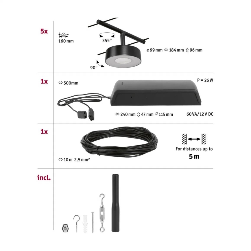 Paulmann 94479 - Komplet 5x LED/5W — potpuni sajlni sustav CIRCLE 230V, crne boje