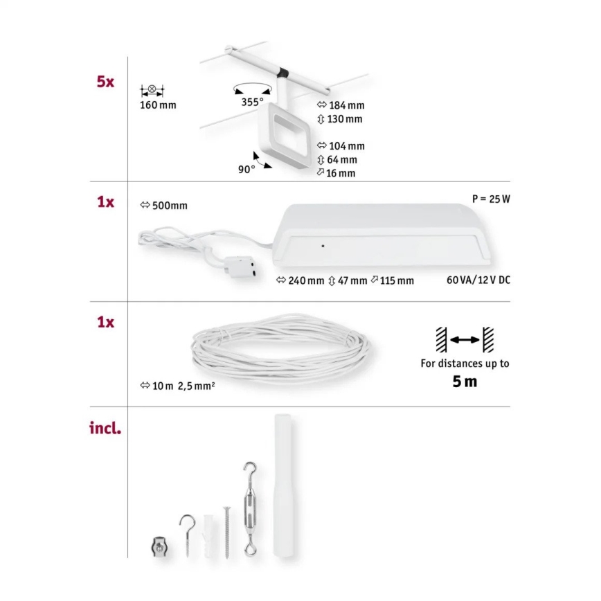 Paulmann 94483 - SET 5xLED/4,8W Kompletan sajlni sustav FRAME 230V bijela