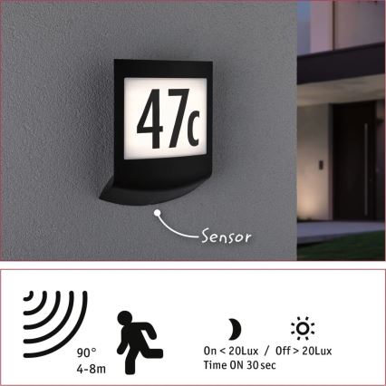 Paulmann 94513 - RGBW LED/8,2W IP44 Prigušivo svjetlo za kućni broj s senzorem pokreta i sumraka PADEA 230V antracit