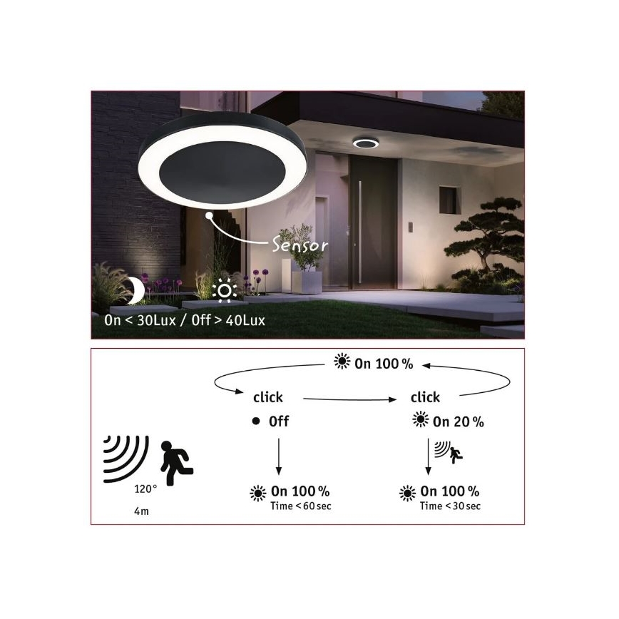 Paulmann 94526 - LED/14W IP44 Vanjsko stropno svjetlo sa senzorom CIRCULA 230V