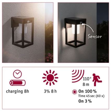 Paulmann 94572 -LED/5,5W IP44 Solarna zidna svjetiljka sa senzorom MARISOL 3,7V