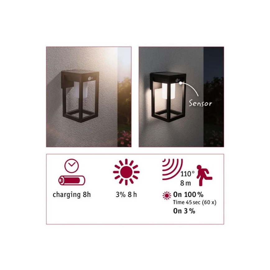 Paulmann 94572 -LED/5,5W IP44 Solarna zidna svjetiljka sa senzorom MARISOL 3,7V 2000 mAh