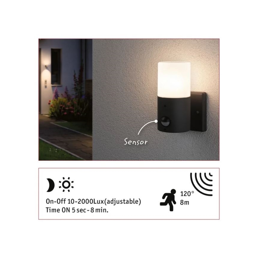 Paulmann 94648 - 1xE27/15W IP44 Vanjska zidna svjetiljka sa senzorom TUBS 230V