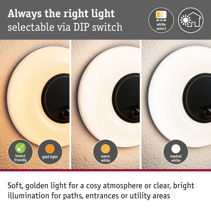 Paulmann 94956 - LED/20,5W IP65 Prigušivo vanjsko zidno svjetlo s senzorem pokreta i sumraka AUREVA 230V 2200/3000/4000K antracit