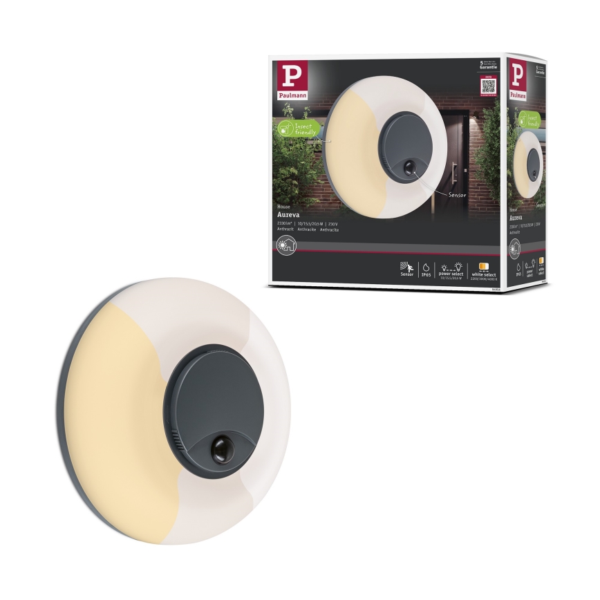 Paulmann 94956 - LED/20,5W IP65 Prigušivo vanjsko zidno svjetlo s senzorem pokreta i sumraka AUREVA 230V 2200/3000/4000K antracit