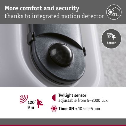 Paulmann 94958 - LED/18,5W IP65 S mogućnošću prigušivanja vanjsko zidno svjetlo sa senzorom pokreta i sumraka ELUNOR 230V 2200/3000/4000K antracit