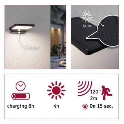 Paulmann 95393 - LED/4W IP44 Prigušiva solarna zidna svjetiljka sa senzorom SOLVEIG 3,7V 2000 mAh