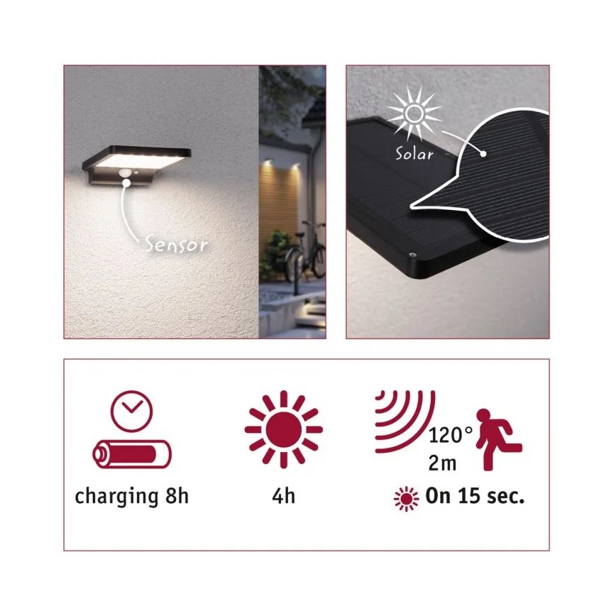 Paulmann 95393 - LED/4W IP44 Prigušiva solarna zidna svjetiljka sa senzorom SOLVEIG 3,7V 2000 mAh