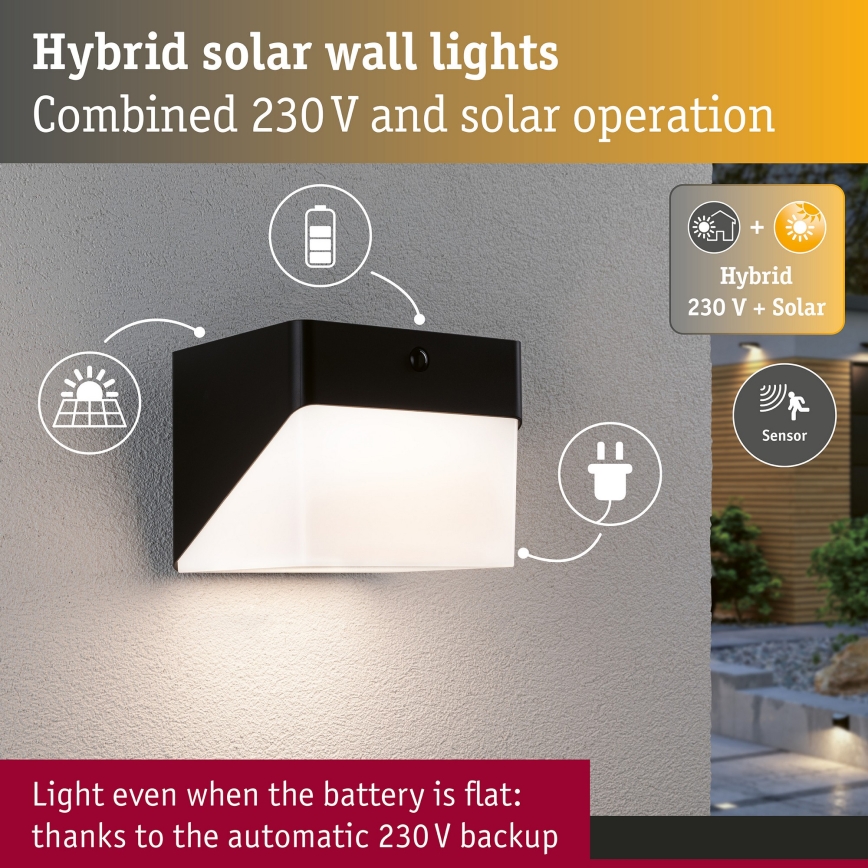 Paulmann 95746 - LED/2,3W IP44 Solarno zidno svjetlo s senzorom EILEEN 3,7/230V 4000 mAh crna