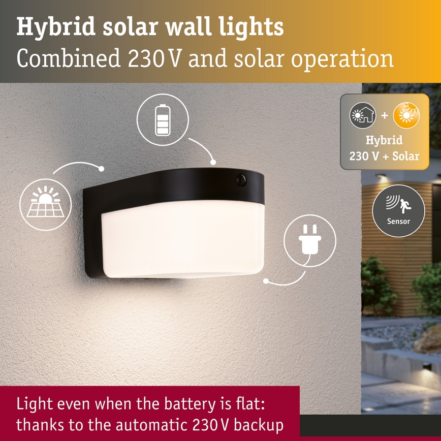Paulmann 95747 - LED/2,3W IP44 Solarno zidno svjetlo s senzorom CALYNE 3,7/230V 4000 mAh crna