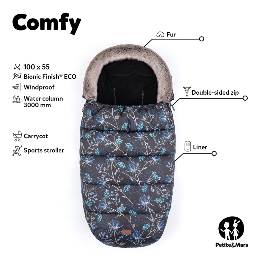 PETITE&MARS - SET Dječji vreća za spavanje 4u1 COMFY Stylish Beauty + navlake za ruke za kolica FURRY Forever Black