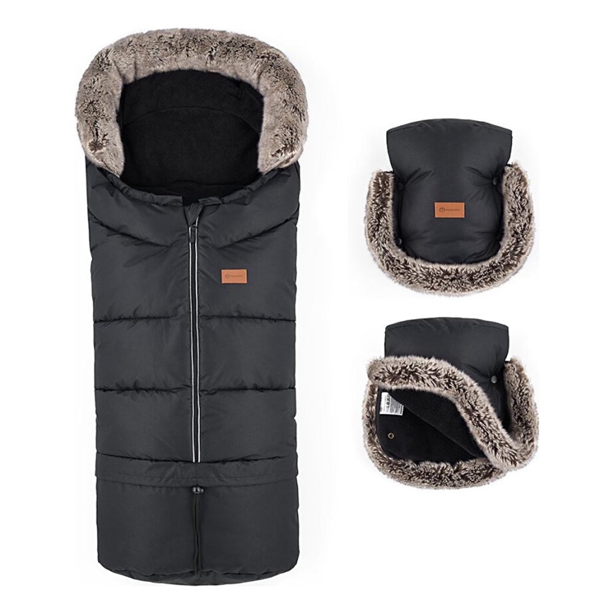 PETITE&MARS - SET Zimska vreća za kolica 4u1 ARCTIC + rukavice za kolica FURRY Forever Black