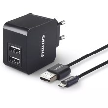 Philips DLP2307U/12 - Adapter za punjenje 2xUSB/15,5W/230V + kabel micro USB 1m