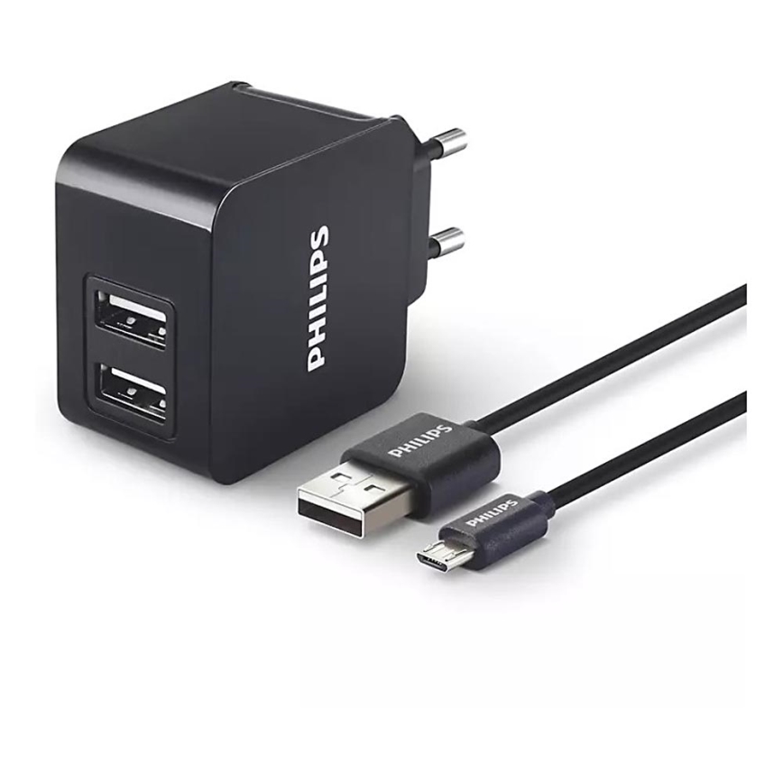 Philips DLP2307U/12 - Adapter za punjenje 2xUSB/15,5W/230V + kabel micro USB 1m