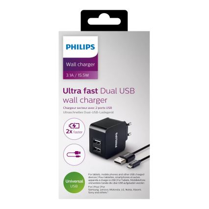 Philips DLP2307U/12 - Adapter za punjenje 2xUSB/15,5W/230V + kabel micro USB 1m