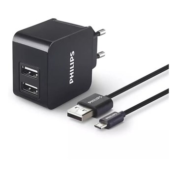 Philips DLP2307U/12 - Punjač s 2x USB/15,5W/230V + micro USB kabel 1m