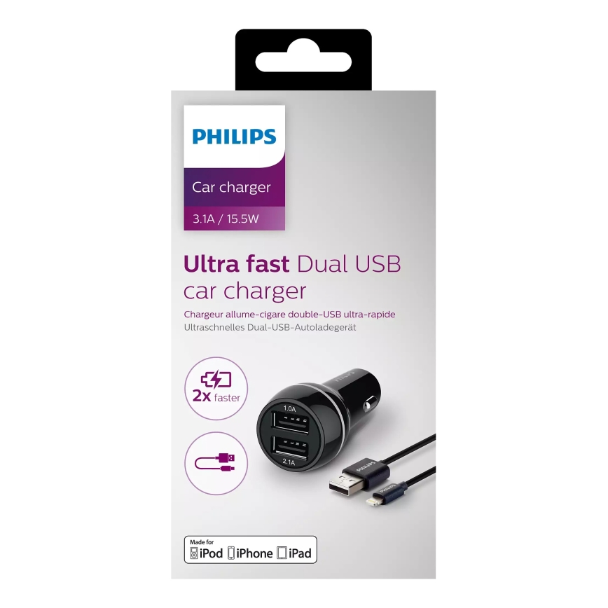 Philips DLP2357V/10 - Punjač za auto 2xUSB/12V + kabel USB/lightning konektor