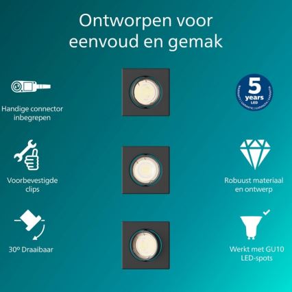 Philips - Komplet od 3 ugradnih stropnih svjetiljki PERIDOT 1xGU10/7W/230V crne