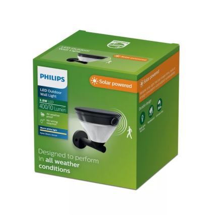 Philips - LED solarna zidna svjetiljka s senzorom KYNA LED/3,8W/3,7V 800 mAh 2700K IP44 crna