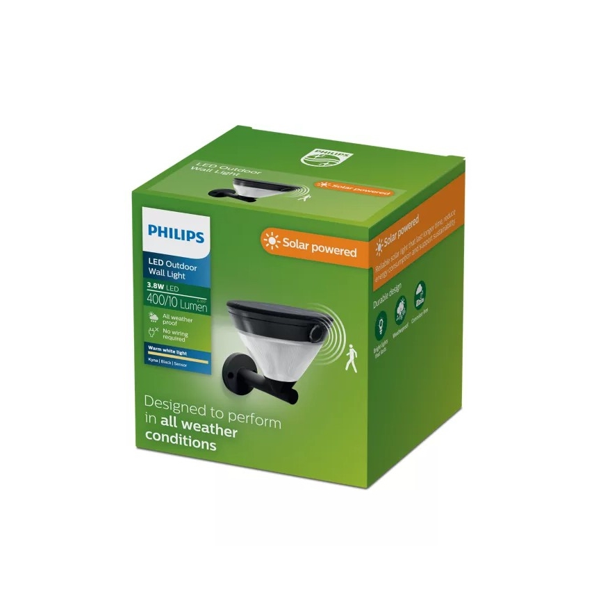 Philips - LED solarna zidna svjetiljka s senzorom KYNA LED/3,8W/3,7V 800 mAh 2700K IP44 crna