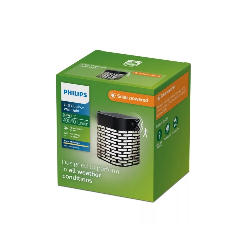 Philips - LED solarna zidna svjetiljka sa senzorom HARA LED/3,8W/3,7V 800 mAh 2700K IP44 crna
