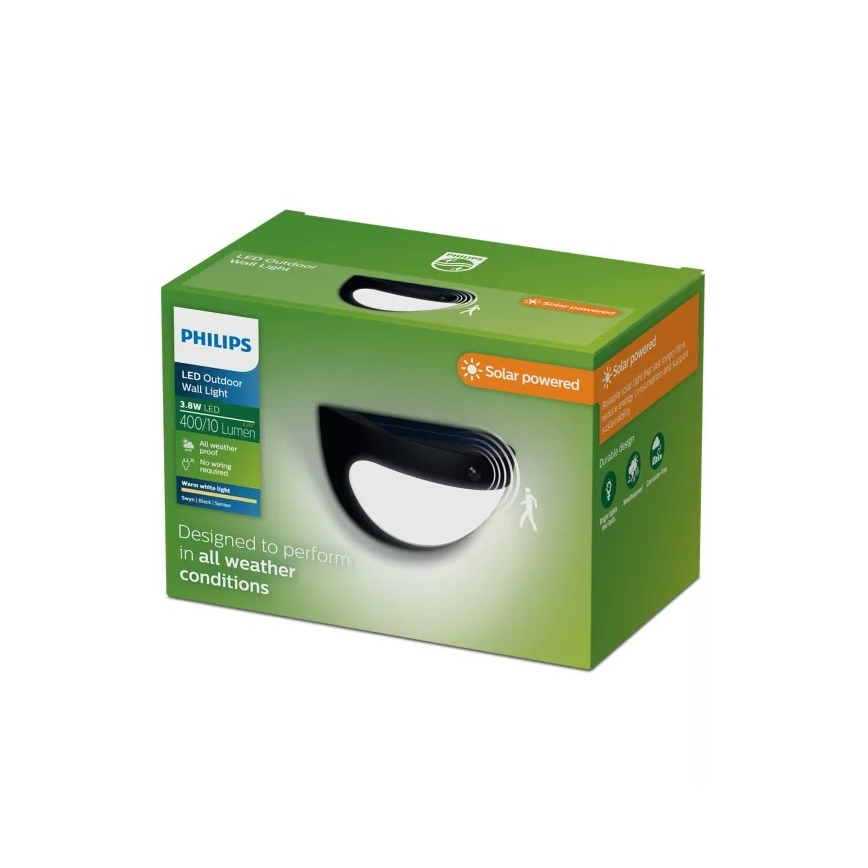 Philips - LED solarno zidno svjetlo sa senzorom SWYN LED/3,8W/3,7V 800 mAh 2700K IP44 crno