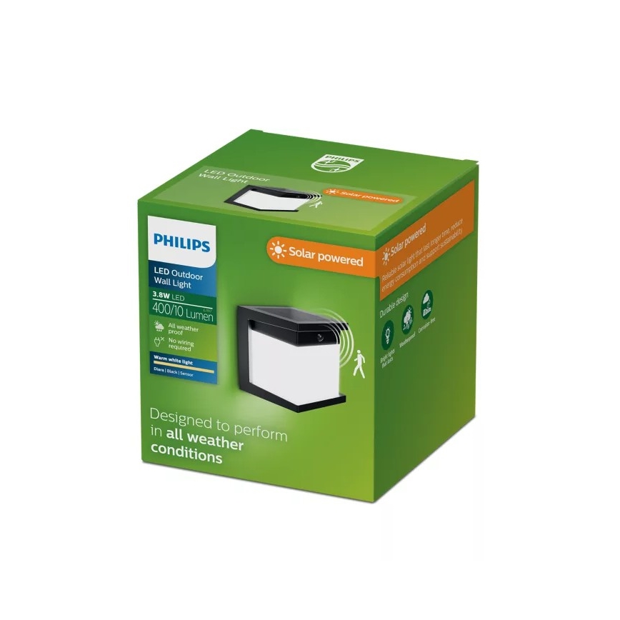 Philips - LED solarno zidno svjetlo s senzorom DIARA LED/3,8W/3,7V 800 mAh 2700K IP44 crna