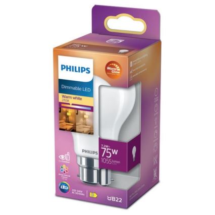LED prigušivača Philips Warm Glow A60 B22/7,2W/230V 2200-2700K CRI 90