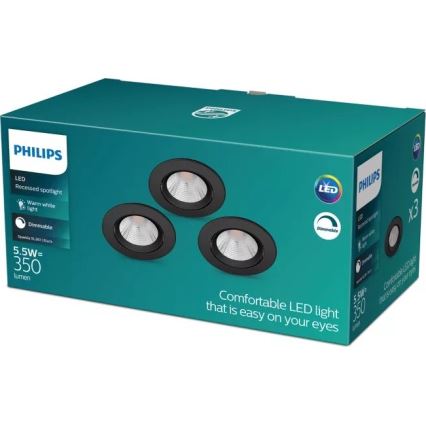 Philips - SET 3x LED Prigušiva ugradbena svjetiljka SPARKLE LED/5,5W/230V 2700K crna