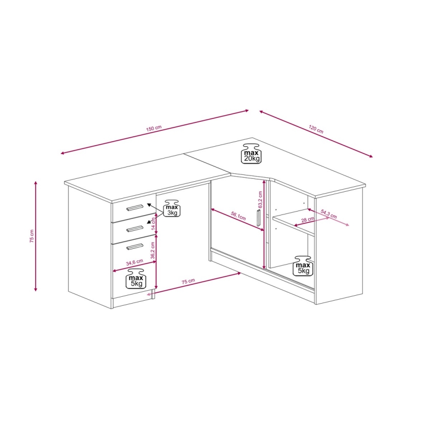 Pisaći stol s policom i ladicama ROBERTO lijevi hrast artisan/bijela
