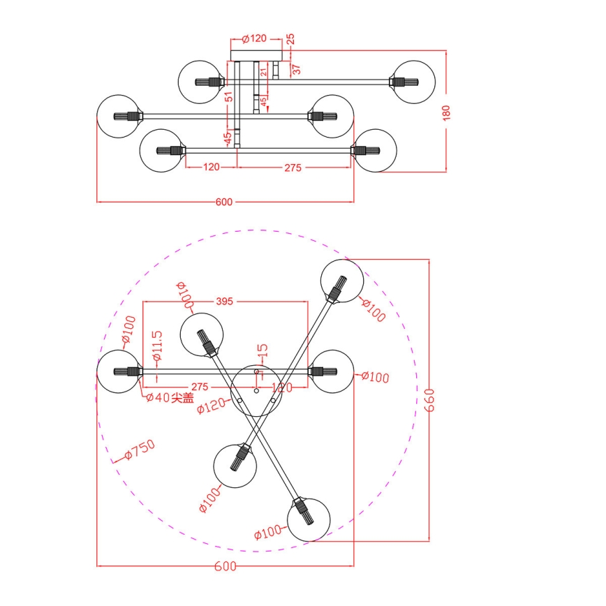 Plafonski luster DORADO 6xG9/28W/230V zlatni