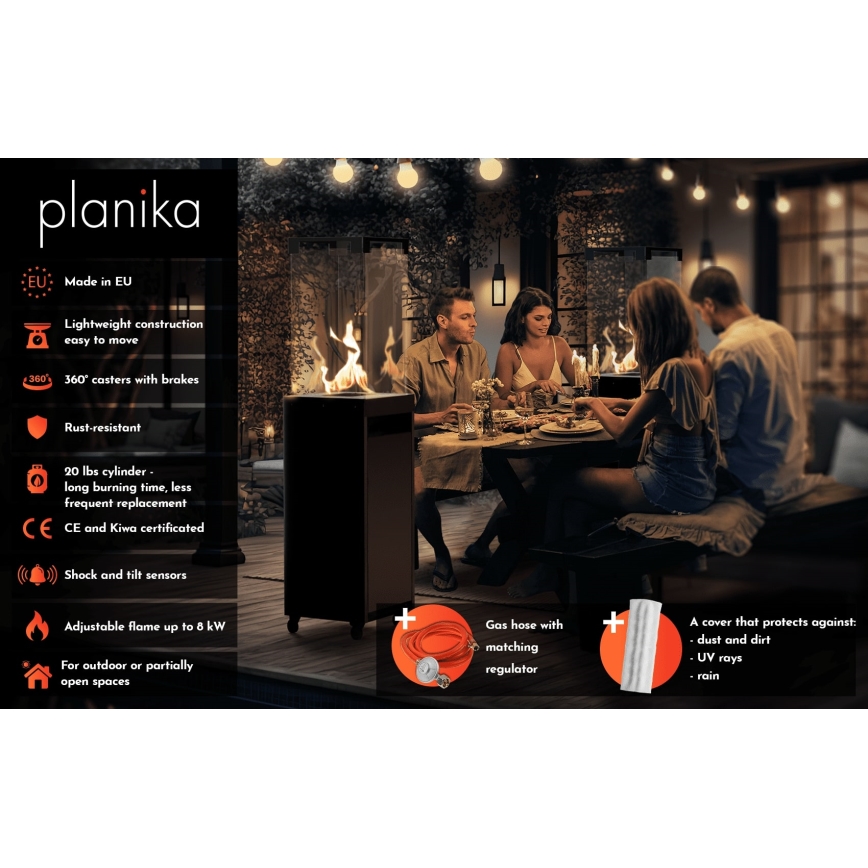 Planika - Vanjski plinski kamin 142x36 cm 8kW 1xAAA crna + zaštitni pokrov