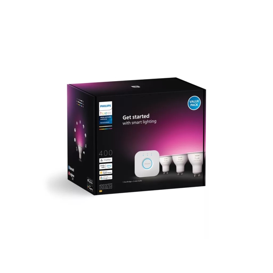 Početni komplet Philips Hue White and Color Ambiance, 3× GU10/4,2 W/230 V, 2200–6500 K + Hue Bridge