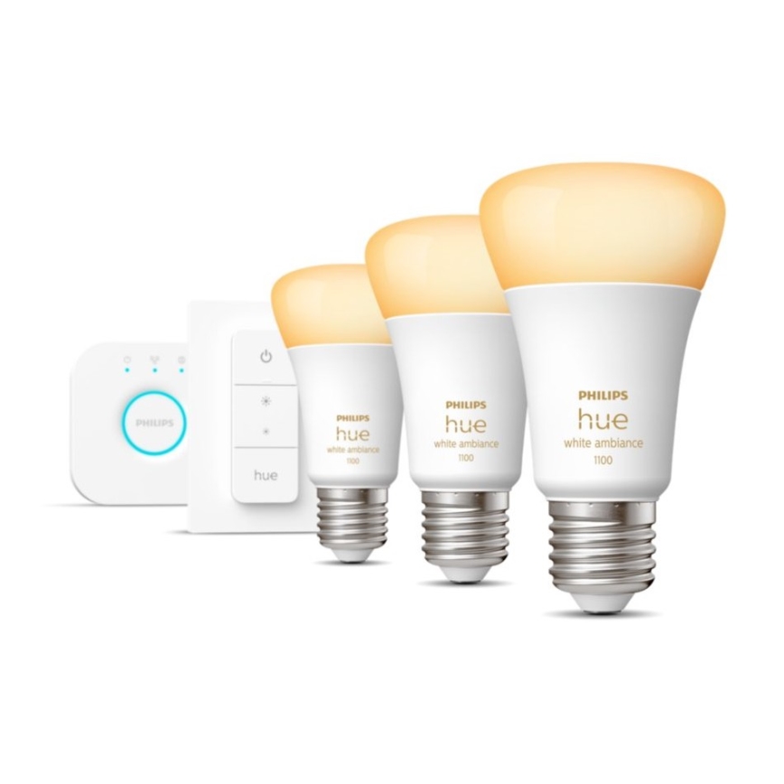 Osnovni set Philips Hue White Ambiance 3xE27/11W 2200-6500K + Hue Bridge i bežični regulator svjetline