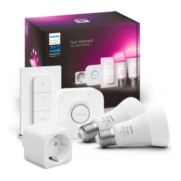 Početni paket Philips Hue WHITE AND COLOR AMBIANCE 2xE27/9W/230V 2200-6500K + pametna utičnica, Hue Bridge i Dimmer Switch