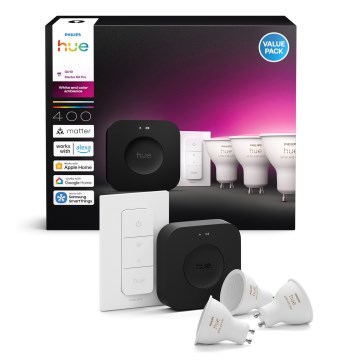 Početni paket Philips Hue WHITE AND COLOR AMBIANCE 3xGU10/4,2W 2000-6500K + Hue bridge i dimmer prekidač