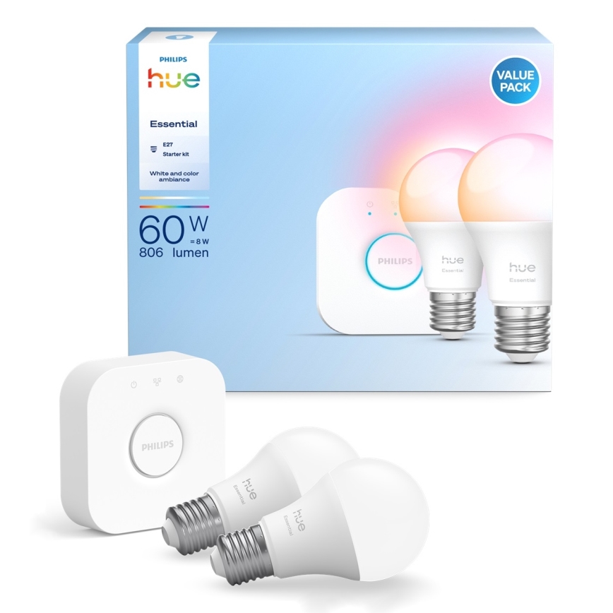 Početni paket Philips Hue White And Color Ambiance Essential 2xE27/8W/230V 2200-6500K + uređaj za povezivanje