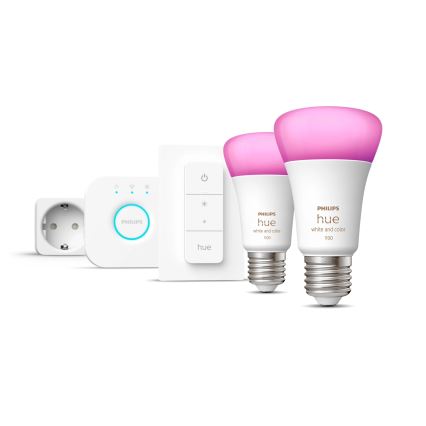 Početni paket Philips Hue WHITE AND COLOR AMBIANCE 2xE27/9W/230V 2200-6500K + pametna utičnica, Hue Bridge i Dimmer Switch