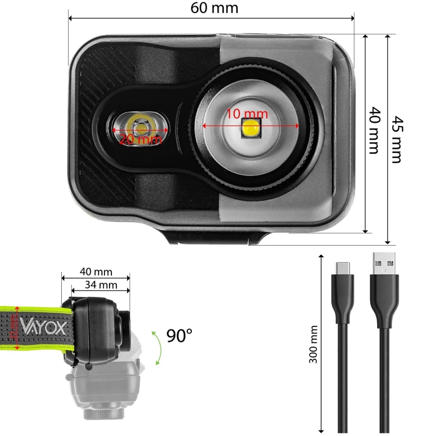 Podesiva LED punjiva čelna svjetiljka LED/10W/5V/3xAAA IP66 800 lm 1000 mAh