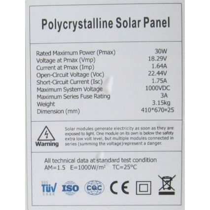 Polikristalni fotonaponski panel 30W/12V