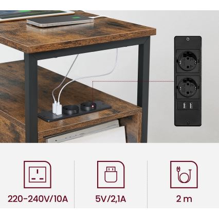 Pomoćni stolić s ugrađenim utičnicama i USB priključcima ROD smeđa/crna