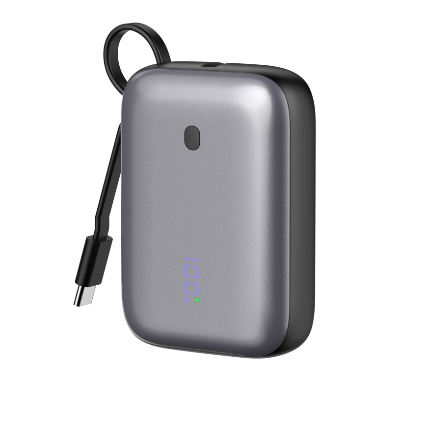 Power Bank 10000 mAh 20W Power Delivery kompaktni s ugrađenim USB-C kabelom za namatanje 1m crna