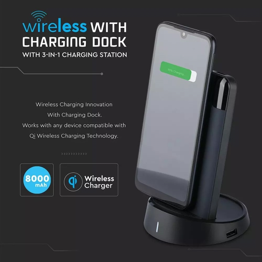 Power Bank 8000mAh/3,7V s bežičnim punjenjem i dok stanicom plava