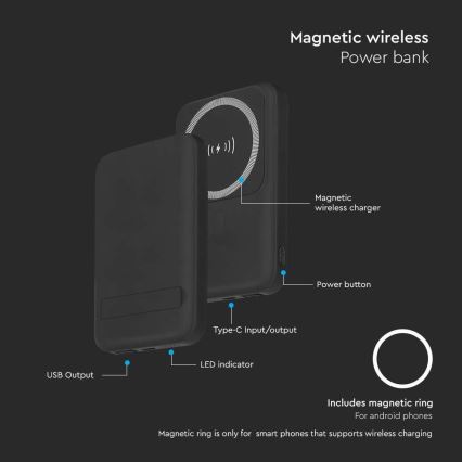 Power Bank magnetni s bežičnim punjenjem Power Delivery 10 000mAh/20W/3,7V crna