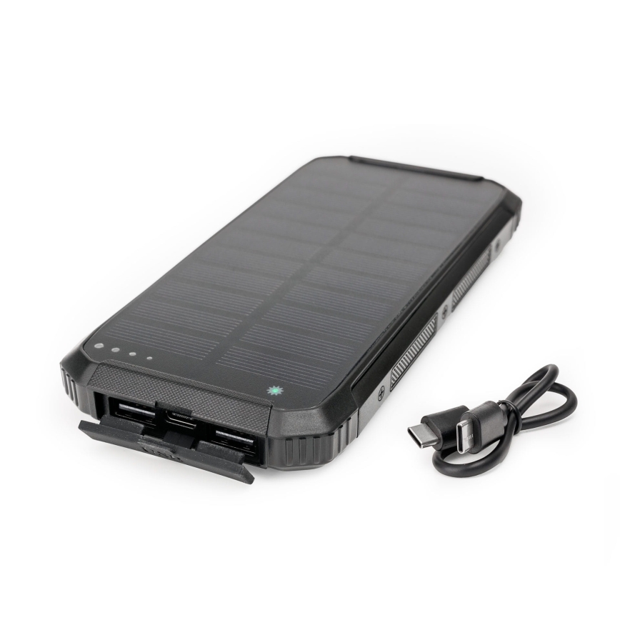Power Bank s LED svjetiljkom, bežičnim punjenjem i solarnim panelom Power Delivery 15W/10000 mAh crna